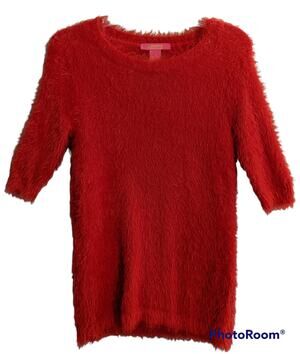 Catherine Malandrino 3/4 Sleeve Red Furry Fuzzy Crewneck Sweater 90s Y2K Women S